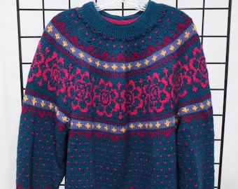 Vintage Hand Knit Wool Fair Isle Sweater: Floral 80s Style