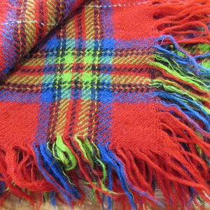 Vintage Red Plaid Wool Shawl: Fringed Scarf Wrap, Christmas Decor
