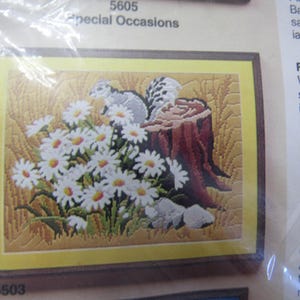 May include: A framed needlepoint kit featuring a floral still life with white daisies, a tree stump, and two birds. The artwork is set against a yellow background and framed in a brown border. The text "Special Occasions" is visible.