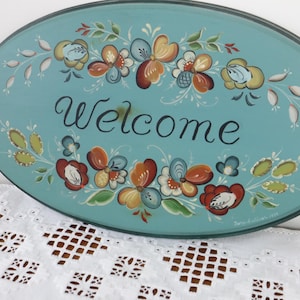Hand Painted Rosemaling Welcome Sign: Norwegian Folk Art Plaque