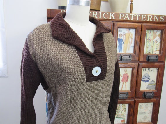 Wool TWEED Dress - Vintage 1940s BROWN Dress with… - image 10