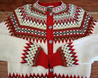 Vintage Wool Cardigan Dale of Norway Style - Women's Size M Handknit in Norway Fair Isle Winter Sweater Pewter Buttons