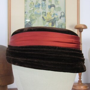 Vintage Pill Box Hat 1960s Pleated Brown Velvet & Copper Satin Women's Hat image 3