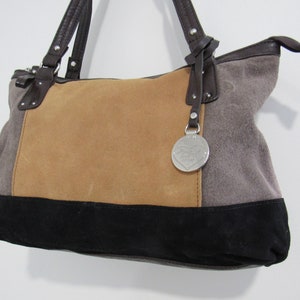 Cartera de piel y ante - Bolso de mano vintage Stone Mountain Hobo de piel con parches multicolores, estilo cartera, negro, gris y dorado