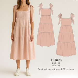 Beginner sewing pattern, Easy sewing dress pattern, Timeless dress, Midi dress pattern, Casual dress, Shoulder tie dress, Sewing instruction