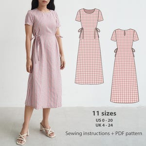 Beginner sewing pattern, Easy sewing dress pattern, Timeless dress, Midi dress pattern, Casual dress, Waist tie dress, Sewing instruction