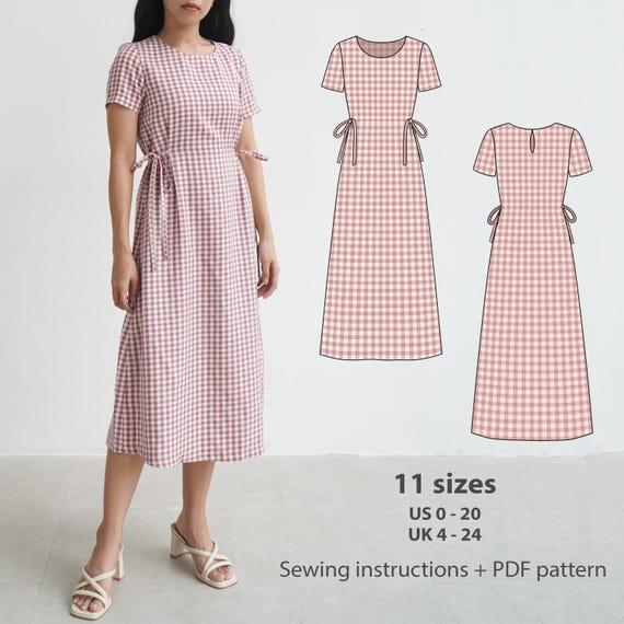 Beginner sewing pattern, Easy sewing dress pattern, Timeless dress, Midi dress pattern, Casual dress, Waist tie dress, Sewing instruction