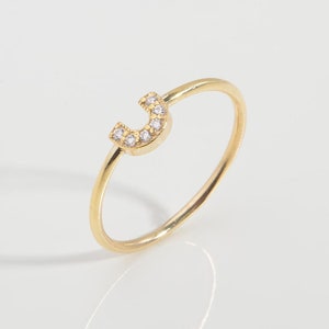 14k Solid Gold Lucky Horseshoe Ring dla kobiet, Mały pierścień do układania w stosy, Symulowany pierścień w kształcie litery U, Talizman szczęścia, Biżuteria zachodnia, Prezent dla mamy