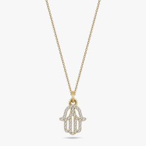14K Solid Gold Cyrkonia Sześcienna Wisiorek Hamsa, Ozdobiony Naszyjnik Hamsa, Zawieszka Hamsa, Naszyjnik Złego Oka, Prezent Szczęścia, Biżuteria Ochronna