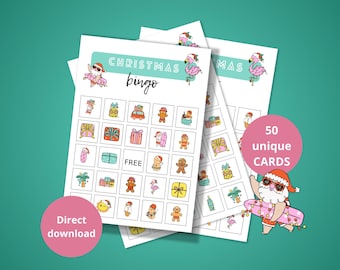 Bingo di Natale tropicale stampabile – 50 carte uniche (download digitale)