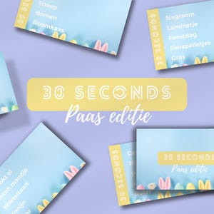 Puede incluir: Un conjunto de tarjetas azules con decoraciones de Pascua y el texto "30 SECONDS Paas editie" sobre un fondo amarillo. Las tarjetas tienen una variedad de palabras, incluyendo "Snoep", "Bomen", "Roomkaas", "Slagroom", "Lammetje", "Feestdag", "Eierspelletjes", "Gras", "Gekookt ei", "Rieten mandje", "Worteltaart", "Konijn", y "Chocolade".