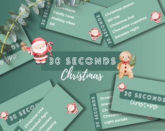 May include: A collection of teal cards with Christmas-themed words and phrases. The cards are decorated with illustrations of Santa Claus and gingerbread men. The words "30 SECONDS Christmas" are displayed in a decorative font.