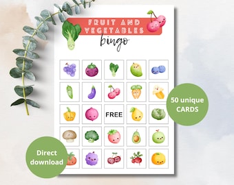 Kawaii Fruit & Vegetable Bingo Game, 50 Cards (Digital Download)