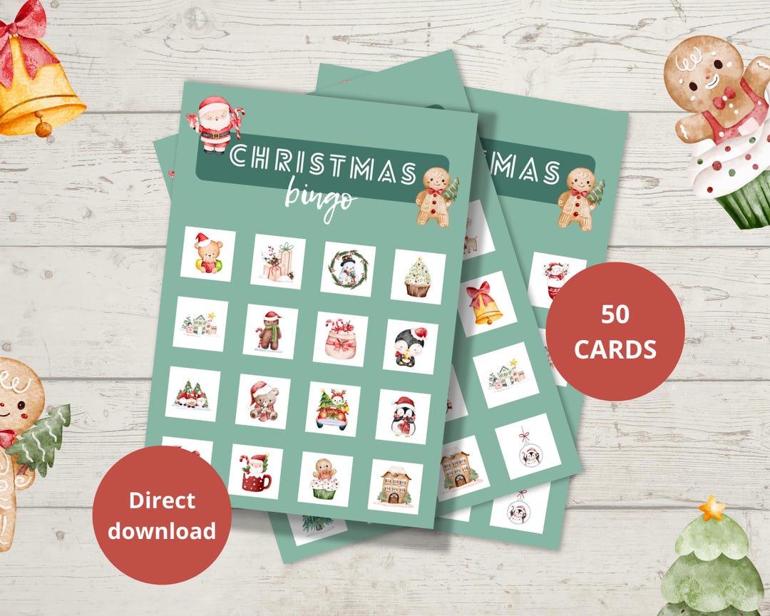 Christmas Bingo Game – 50 Watercolor Cards, Holiday Family Fun (digital ...
