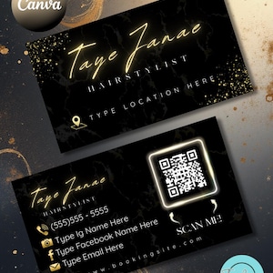 May include: Two black business cards with gold text and accents. The top card reads "Taye Janae HAIRSTYLIST" and "TYPE LOCATION HERE." The bottom card includes a QR code and contact information. The design features a marble texture.