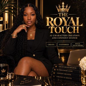 May include: A digital graphic featuring the text The Royal Touch AI Character Creation and Content System with buttons labeled Create, Customize, and Build Your Empire. A stack of books titled Create Brand Freedom, AI Influencer Guide, Content Creation, and Strategy & Growth sits beside a laptop.