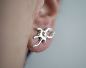 sterling silver DOUBLE TROUBLE unique earring for two side by side piercings