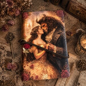Grimorio beauty and The beast Taccuino diario agenda pagine vuote anelle Notebook pelle vintage la bella e la bestia rosa ciondolo