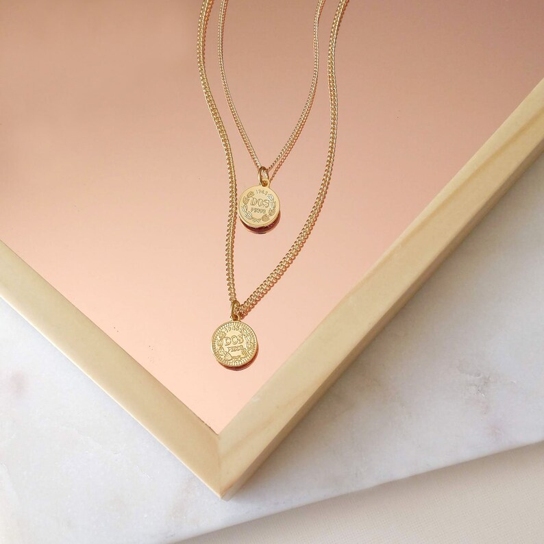 Double chain necklace with coin charms reversible necklace Etsy