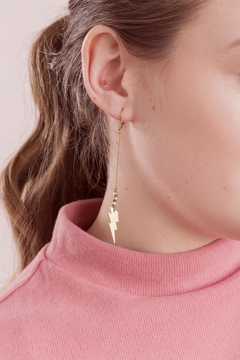 Lightning Bolt Earrings Long Chain Earrings Thunderbolt Etsy