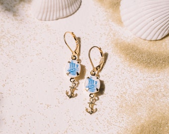 Sailboat earrings - Anchor charm earrings - Vintage cabochon - White and Blue - Navigator Earrings (SD1535)