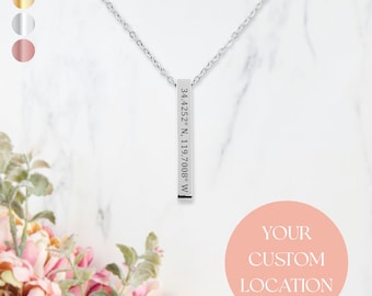 Custom Coordinates Necklace Engraved Vertical Bar Jewelry Latitude Longitude Necklace Gift for Her Location Necklace Personalized Gift