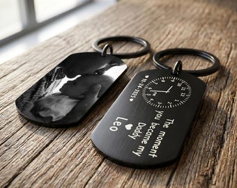 First Fathers Day Gift Custom Photo Keychain, Personalized Time Date Engraved Picture Keyring for New Dad, The Moment You Became My Daddy