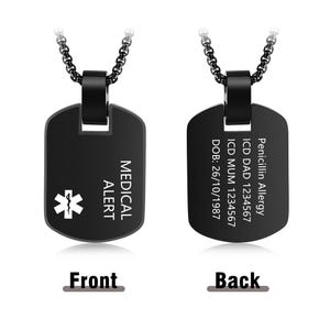 Gepersonaliseerde medische waarschuwing ID-ketting, aangepaste gegraveerde medische ID-tag zwarte ketting, ID-ketting voor noodgevallen, medische sieraden, cadeaus voor mannen