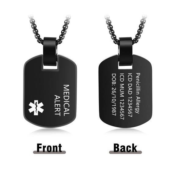 Personalized Medical Alert ID Necklace, Custom Engraved Medical ID