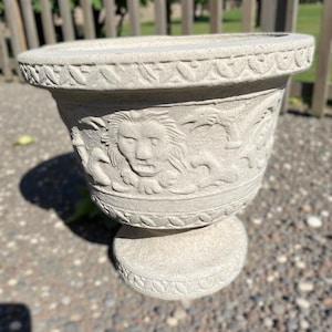 Handmade Reconstituted Stone Vase – Lion Head Detailing