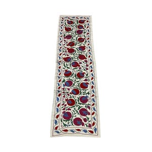 20 x 70 inc Handmade Silk Suzani Fabric for table Runner,50 x 190 cm Hand Embroideried Pomegranate Motif Embroidery Silk Suzani Table Runner