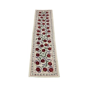 20 x 70 inc Handmade Silk Suzani Fabric for table Runner,50 x 190 cm Hand Embroideried Pomegranate Motif Embroidery Silk Suzani Table Runner