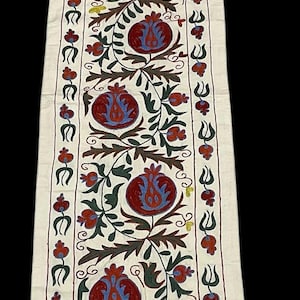 20 x 70 inc Handmade Silk Suzani Fabric for table Runner,50 x 190 cm Hand Embroideried Pomegranate Motif Embroidery Silk Suzani Table Runner