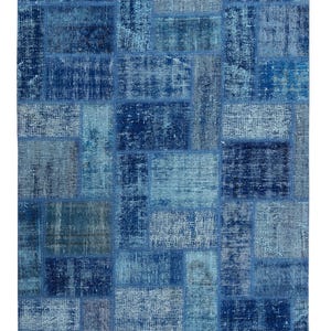 Handgjord turkisk vintage patchworkmatta i ull, blå, 1,2x1,8 meter