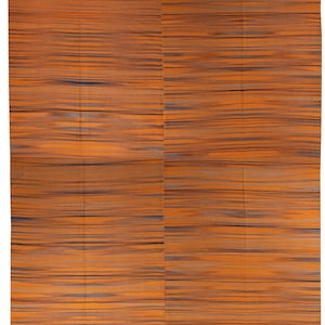 Alfombra Kilim Art Déco Naranja de Gran Tamaño: Alfombra de Lana Tejida a Mano (3,4 x 4,5 m)