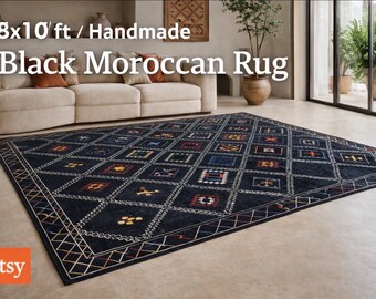 Handmade Black Moroccan Kilim Rug – Geometric Diamond Tribal Wool Carpet 8x10 ft