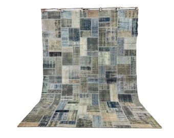 Vintage Overdyed Patchwork Rug: Gray-Blue Distressed Wool (6.7 x 9.7 ft)
