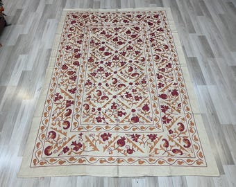 Hand Embroidered Silk Suzani: Uzbek Table Cloth, Bed Cover (5x6 ft, 140x180 cm)