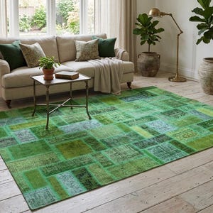 Handgefertigter Patchwork Teppich aus Wolle - Grüner Vintage Türkischer Patchwork Teppich für Wohnzimmer - Boho Modernes Dekor