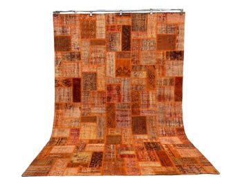 Handmade Turkish Wool Patchwork Rug: Vintage Orange Area Carpet