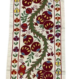 20 x 70 inc Handmade Silk Suzani Fabric for table Runner,50 x 190 cm Hand Embroideried Pomegranate Motif Embroidery Silk Suzani Table Runner