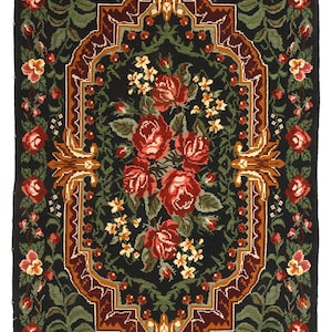 5.10 x 10 Handmade   Floral Black Kilim Rug, Bessarabian Kilim Rug, Hand Woven Wool Area Rug, Ukraine Wool Rug, Moldavian Kilim Rug,