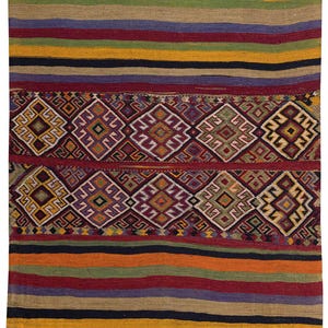 Turkish Vintage Cecim Rug: Handmade Wool Kilim with Striped Pattern