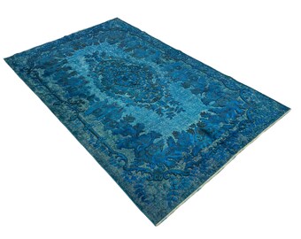 5.8 x 9.3 Turkish Vintage Overdyed  Blue Rug, One A Kind Handmade Wool Area Rug