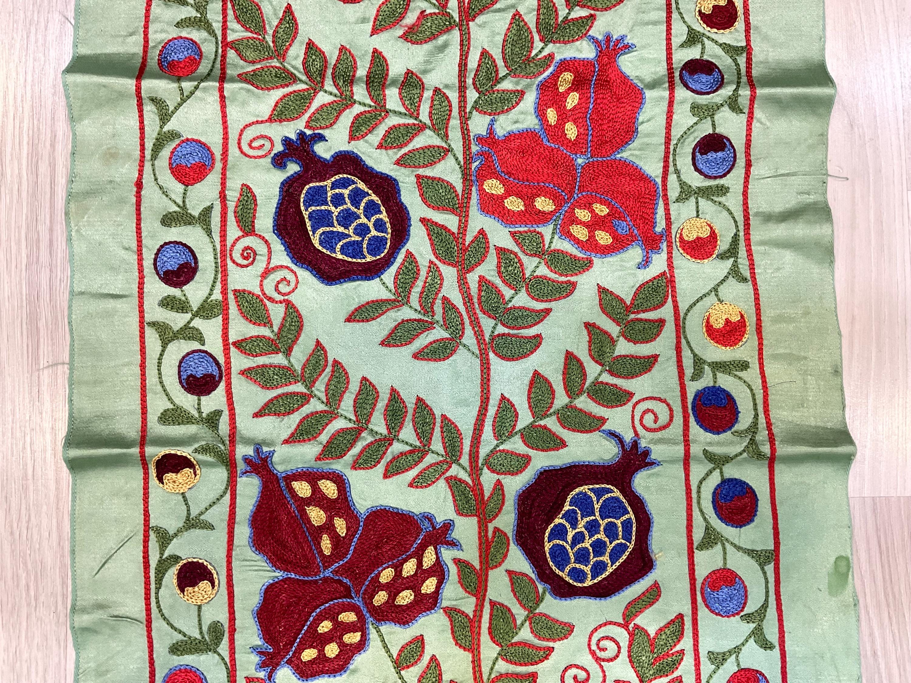 手刺繍シルク スザニ テーブルランナー（グリーン）：花柄、20インチ