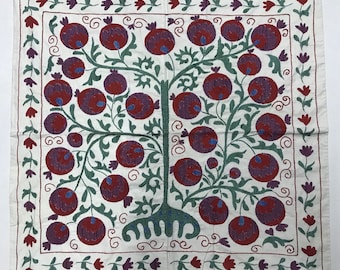 Hand Embroidered Silk Suzani Tablecloth: Pomegranate Motif Decor