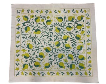 Hand Embroidered Silk Suzani Tablecloth: Uzbek Cotton Tapestry 32x35