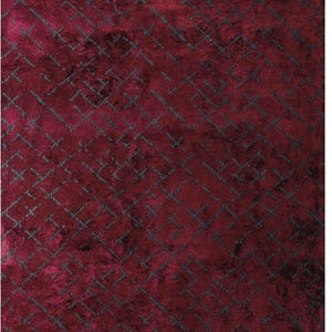 Può includere: Un tappeto bordeaux con un motivo geometrico. Il tappeto ha una consistenza morbida e un colore rosso intenso, con un design geometrico più scuro, color carbone. Il motivo è costituito da linee intersecanti che formano una struttura a griglia.