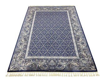 Alfombra pequeña de viscosa y seda turca: diseño geométrico azul grisáceo, 8,5 x 12,5 m
