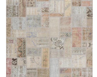 Handmade Wool Patchwork Rug: Beige Distressed Turkish Carpet (5.5x7.8 ft)